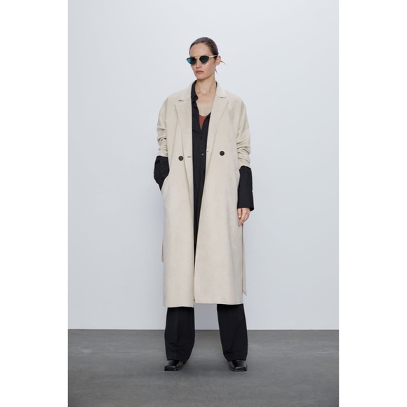 ZARA Faux Tan Suede Trench Coat size Small - Picture 4 of 15